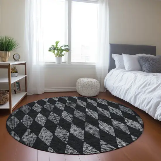 Charcoal Round Geometric Washable Non Skid Indoor Outdoor Area Rug Photo 8