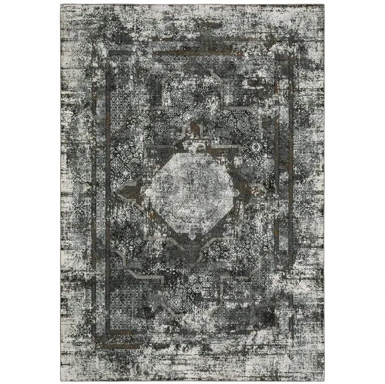 Charcoal Rust Grey Blue Ivory And Brown Oriental Power Loom Stain Resistant Area Rug Photo 1