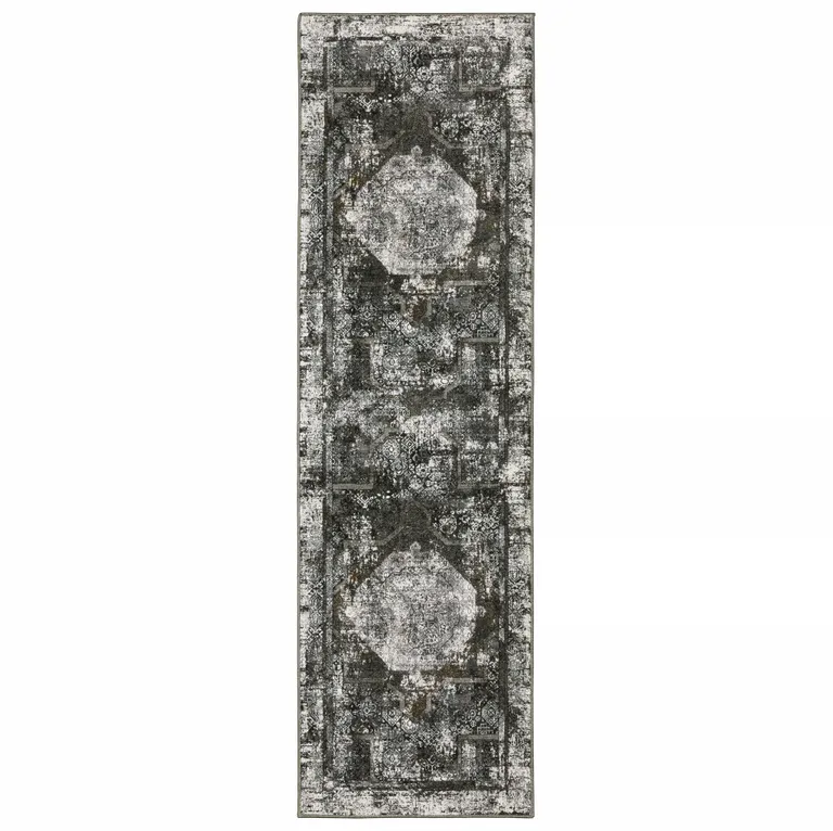 Charcoal Rust Grey Blue Ivory And Brown Oriental Power Loom Stain Resistant Runner Rug Photo 1