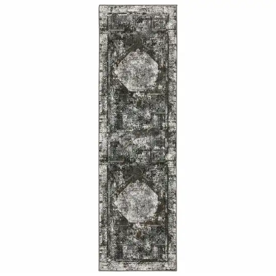 Charcoal Rust Grey Blue Ivory And Brown Oriental Power Loom Stain Resistant Runner Rug Photo 1