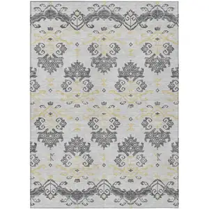 Photo of Charcoal Silver And Gold Oriental Washable Indoor Outdoor Area Rug