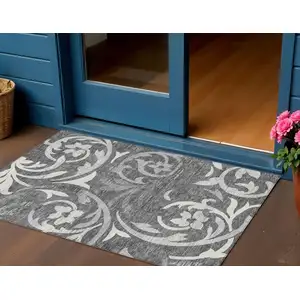 Photo of Charcoal Silver And Gray Floral Washable Indoor Outdoor Area Rug