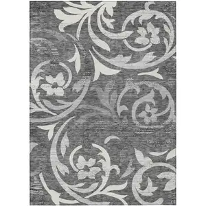 Photo of Charcoal Silver And Gray Floral Washable Indoor Outdoor Area Rug