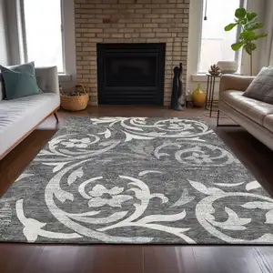 Photo of Charcoal Silver And Gray Floral Washable Indoor Outdoor Area Rug