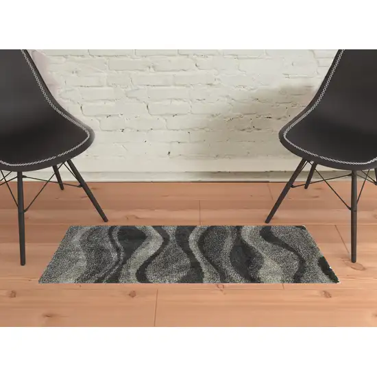 Charcoal Silver And Grey Abstract Shag Power Loom Stain Resistant Area Rug Photo 2