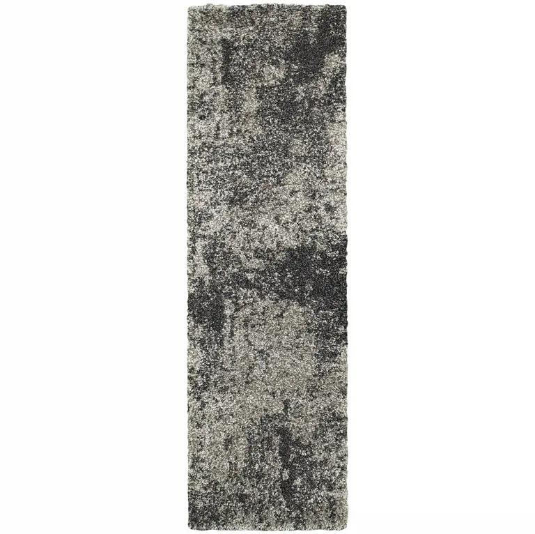 Charcoal Silver And Grey Abstract Shag Power Loom Stain Resistant Runner Rug Photo 1