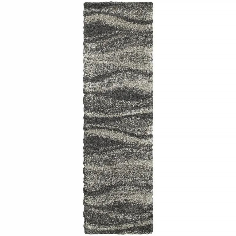 Charcoal Silver And Grey Abstract Shag Power Loom Stain Resistant Runner Rug Photo 1