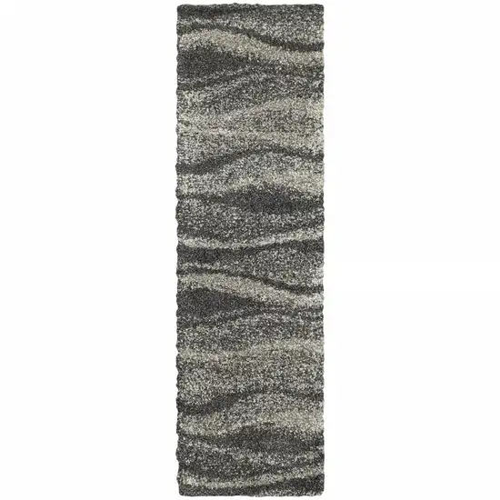 Charcoal Silver And Grey Abstract Shag Power Loom Stain Resistant Runner Rug Photo 1