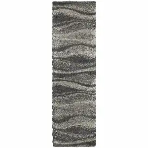 Photo of Charcoal Silver And Grey Abstract Shag Power Loom Stain Resistant Runner Rug