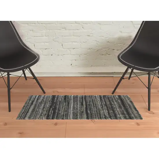 Charcoal Silver And Grey Geometric Shag Power Loom Stain Resistant Area Rug Photo 2