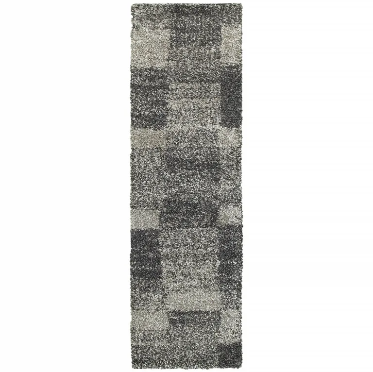 Charcoal Silver And Grey Geometric Shag Power Loom Stain Resistant Runner Rug Photo 1