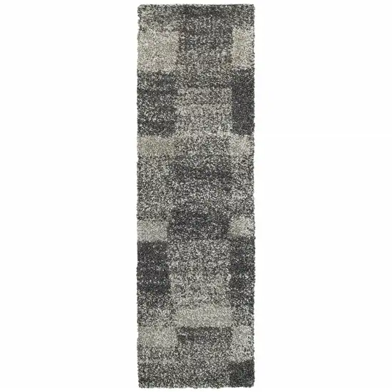 Charcoal Silver And Grey Geometric Shag Power Loom Stain Resistant Runner Rug Photo 1