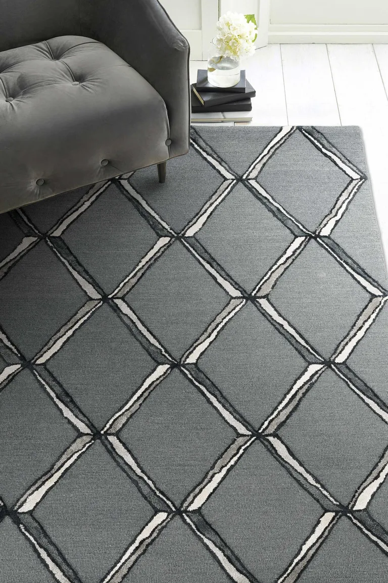 Charcoal Silver Hand Tufted Geometric Diamond Pattern Indoor Area Rug Photo 1