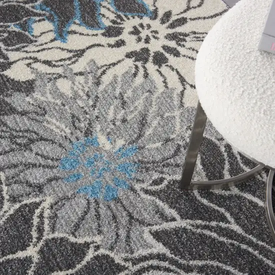 Charcoal and Blue Big Flower Area Rug Photo 4