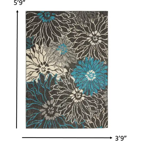 Charcoal and Blue Big Flower Area Rug Photo 5