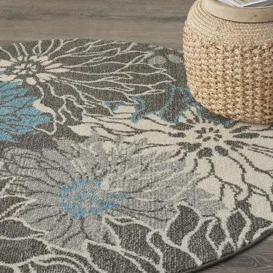 4' Blue And Gray Round Floral Power Loom Area Rug Photo 7