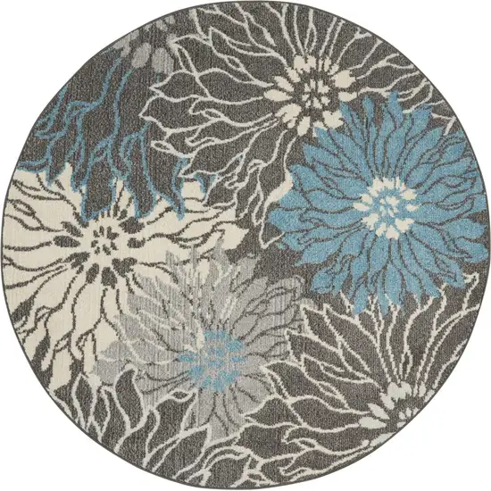 Charcoal and Blue Big Flower Area Rug Photo 9