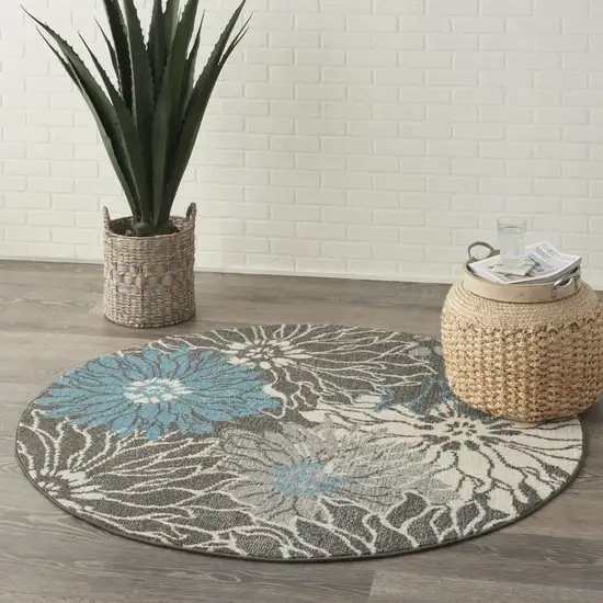 Charcoal and Blue Big Flower Area Rug Photo 7