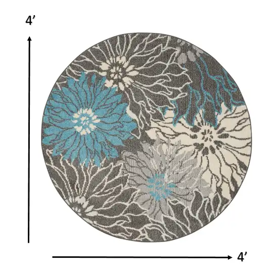 Charcoal and Blue Big Flower Area Rug Photo 5