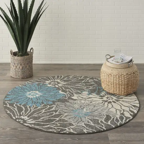 4' Blue And Gray Floral Round Rug Photo 8