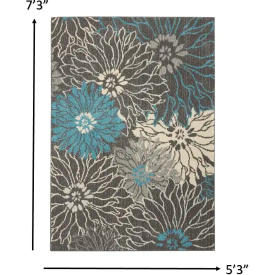 Charcoal and Blue Big Flower Area Rug Photo 5