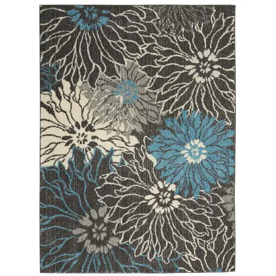 Charcoal and Blue Big Flower Area Rug Photo 1