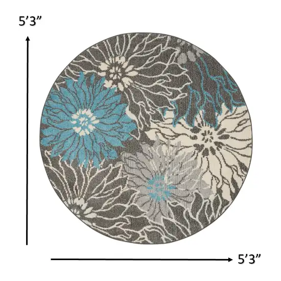 Charcoal and Blue Big Flower Area Rug Photo 5