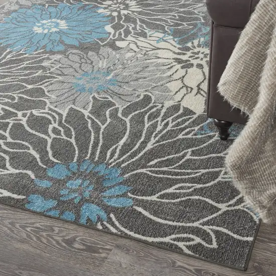 Charcoal and Blue Big Flower Area Rug Photo 4