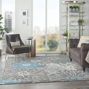 Photo of Charcoal and Blue Big Flower Area Rug