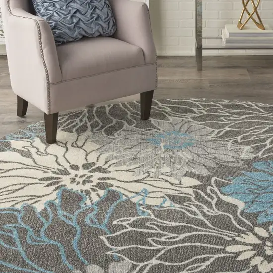 Charcoal and Blue Big Flower Area Rug Photo 6