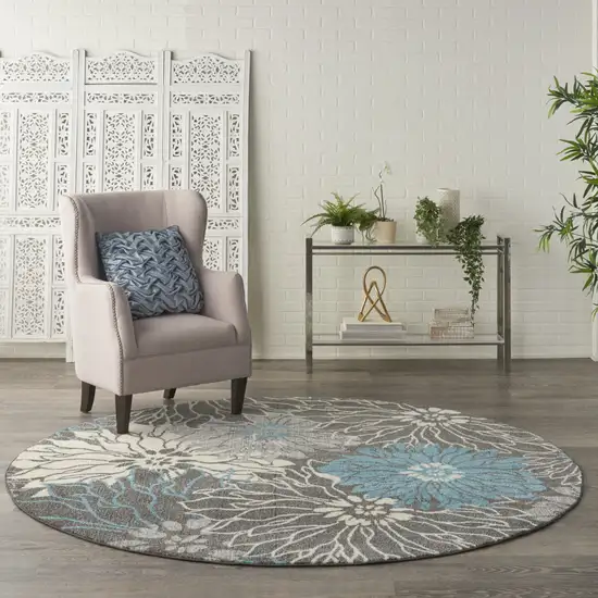 8' Blue And Gray Floral Round Rug Photo 7