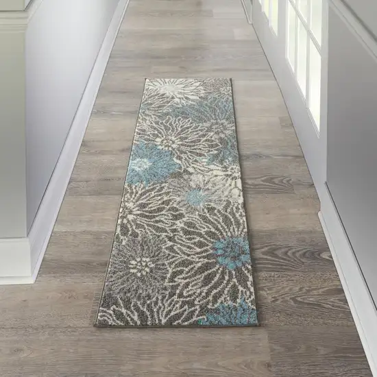 Charcoal and Blue Big Flower Runner Rug Photo 5