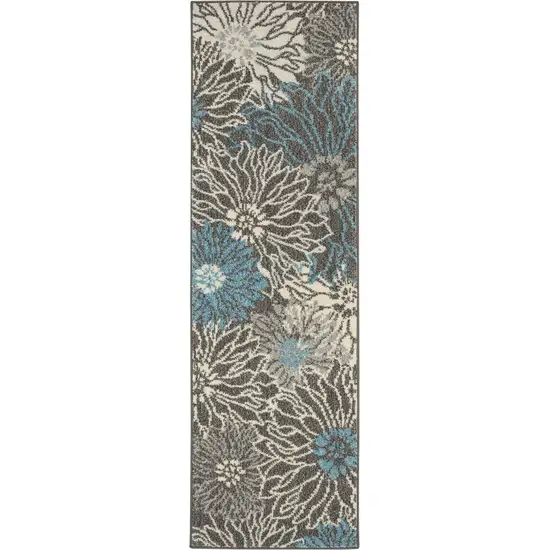 Charcoal and Blue Big Flower Runner Rug Photo 1