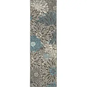 Photo of Charcoal and Blue Big Flower Runner Rug