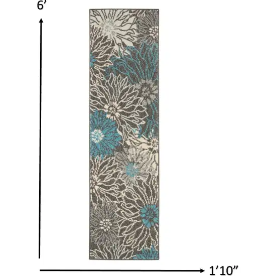 Charcoal and Blue Big Flower Runner Rug Photo 4