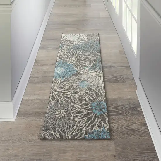 6' Blue And Gray Floral Power Loom Runner Rug Photo 5