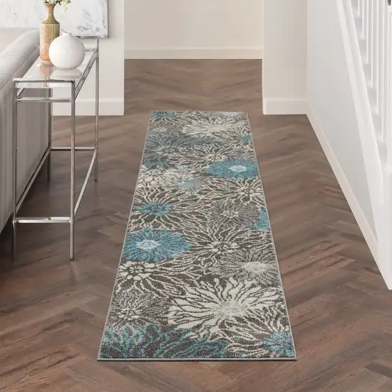 10' Blue And Gray Floral Power Loom Runner Rug Photo 5