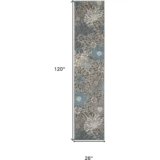 10' Blue And Gray Floral Runner Rug Photo 9