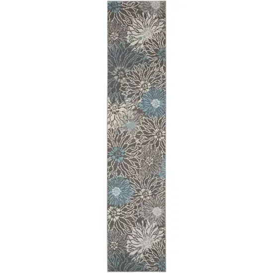 Charcoal and Blue Big Flower Runner Rug Photo 1