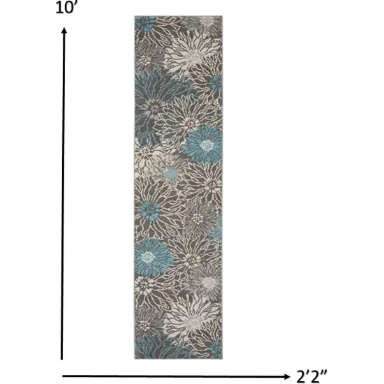 Charcoal and Blue Big Flower Runner Rug Photo 5