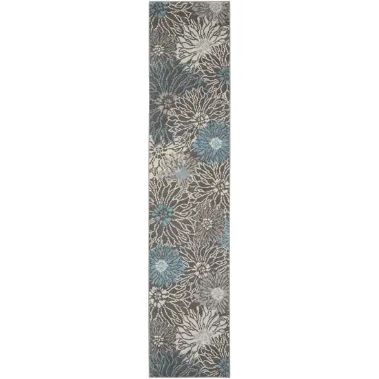 10' Blue And Gray Floral Power Loom Runner Rug Photo 7