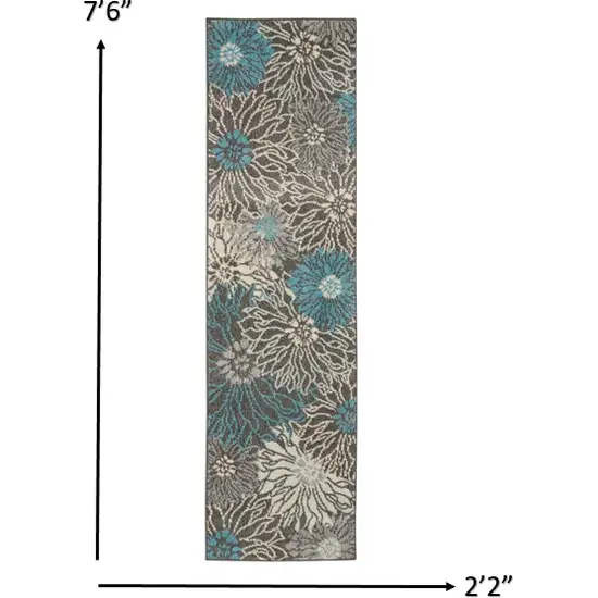 Charcoal and Blue Big Flower Runner Rug Photo 4