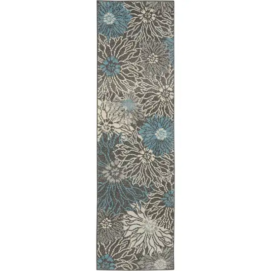 8' Blue And Gray Floral Power Loom Runner Rug Photo 7