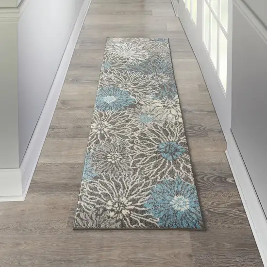 8' Blue And Gray Floral Runner Rug Photo 8