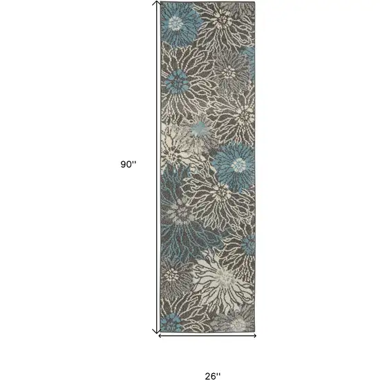 8' Blue And Gray Floral Runner Rug Photo 9