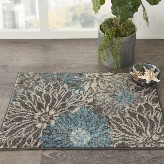 Charcoal and Blue Big Flower Scatter Rug Photo 5