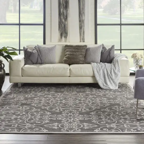 Charcoal and Gray Damask Distressed Area Rug Photo 9