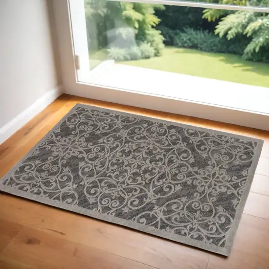 Charcoal and Gray Damask Distressed Area Rug Photo 1