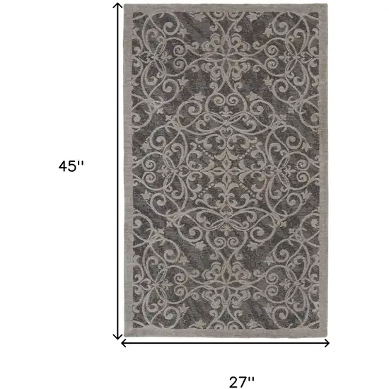 Charcoal and Gray Damask Distressed Area Rug Photo 3