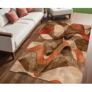 Photo of Chocolate Abstract Washable Non Skid Indoor Outdoor Area Rug